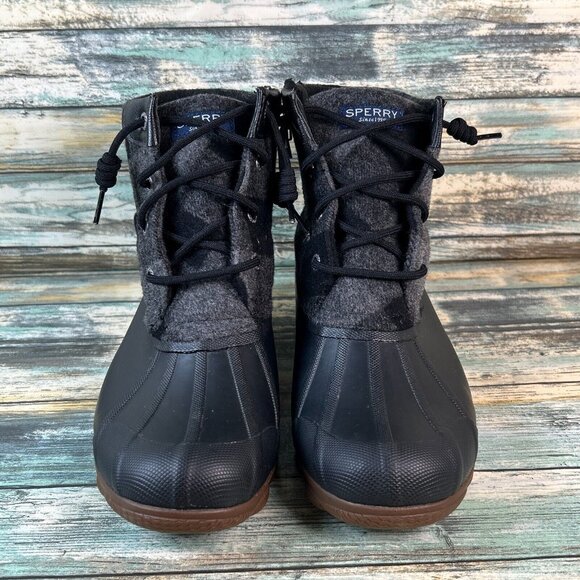Sperry Womens 7.5M Waterproof Rain Boot Black Gray Plaid Zip Up Winter Booties - Picture 4 of 13